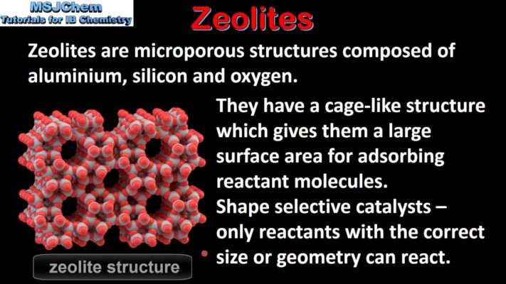 Zeolites act as selective catalysts because of their cage structure.
Catalytic particles are nearly always nanoparticles that have large surface areas per unit mass. This makes them ideal for absorbing reactant molecules for removal.