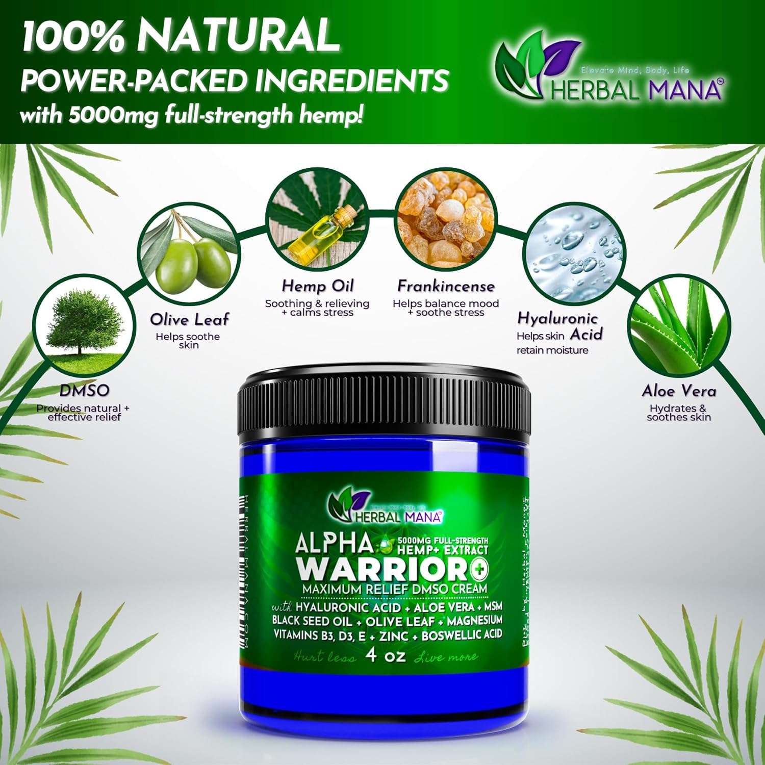 Herbal Mana Alpha Warrior with 5000mg Hemp  99.9% Pure DMSO Cream - Maximum Strength MSM, Hyaluronic Acid Gel, Magnesium Oil Topical Hot Balm - Organic ICY Muscle Soothing - Bruise, Freeze Lotion